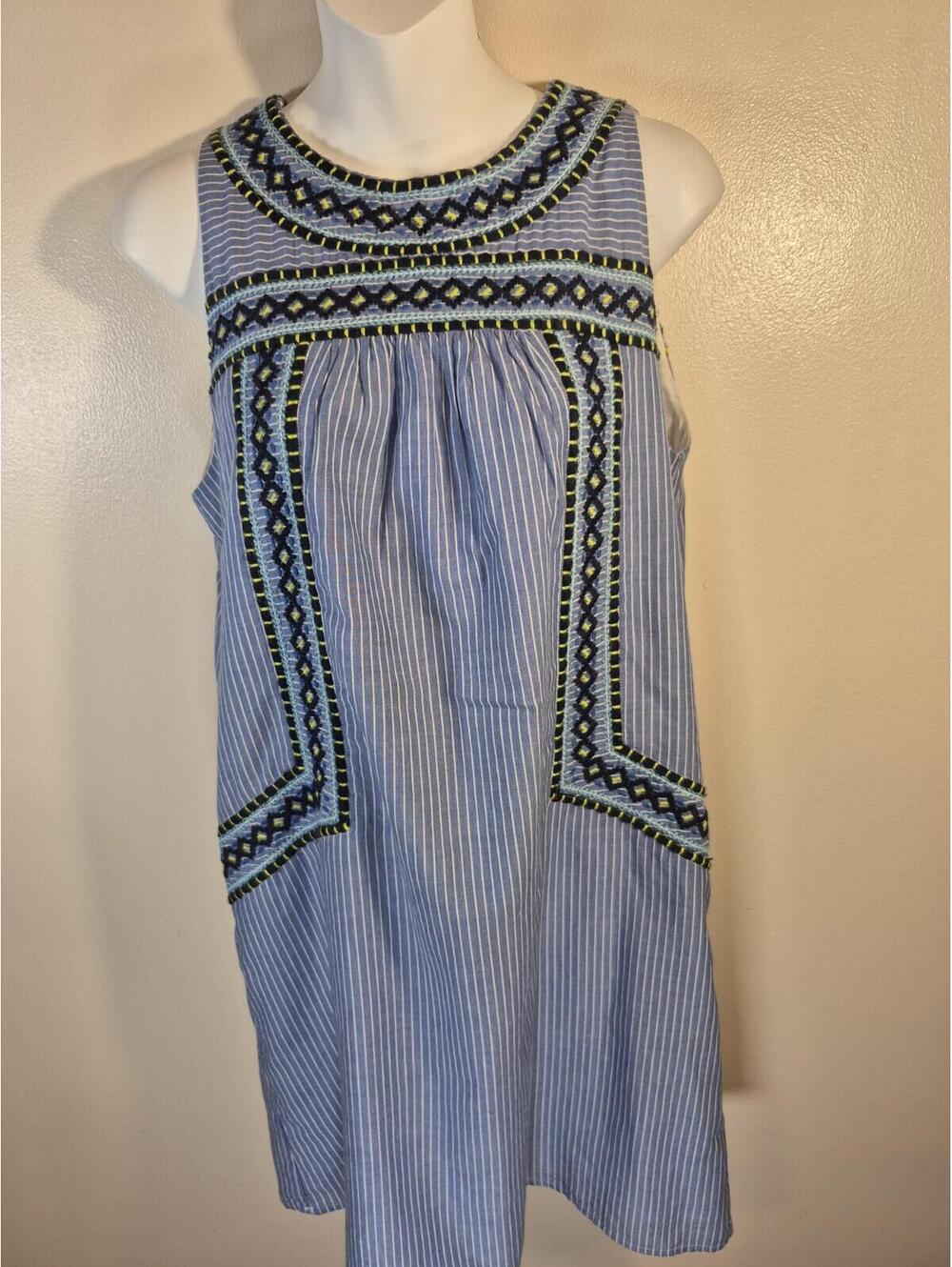 Vineyard Vines Dress Embroidered Womens XS Blue White Stripe Boho Shift Preppy